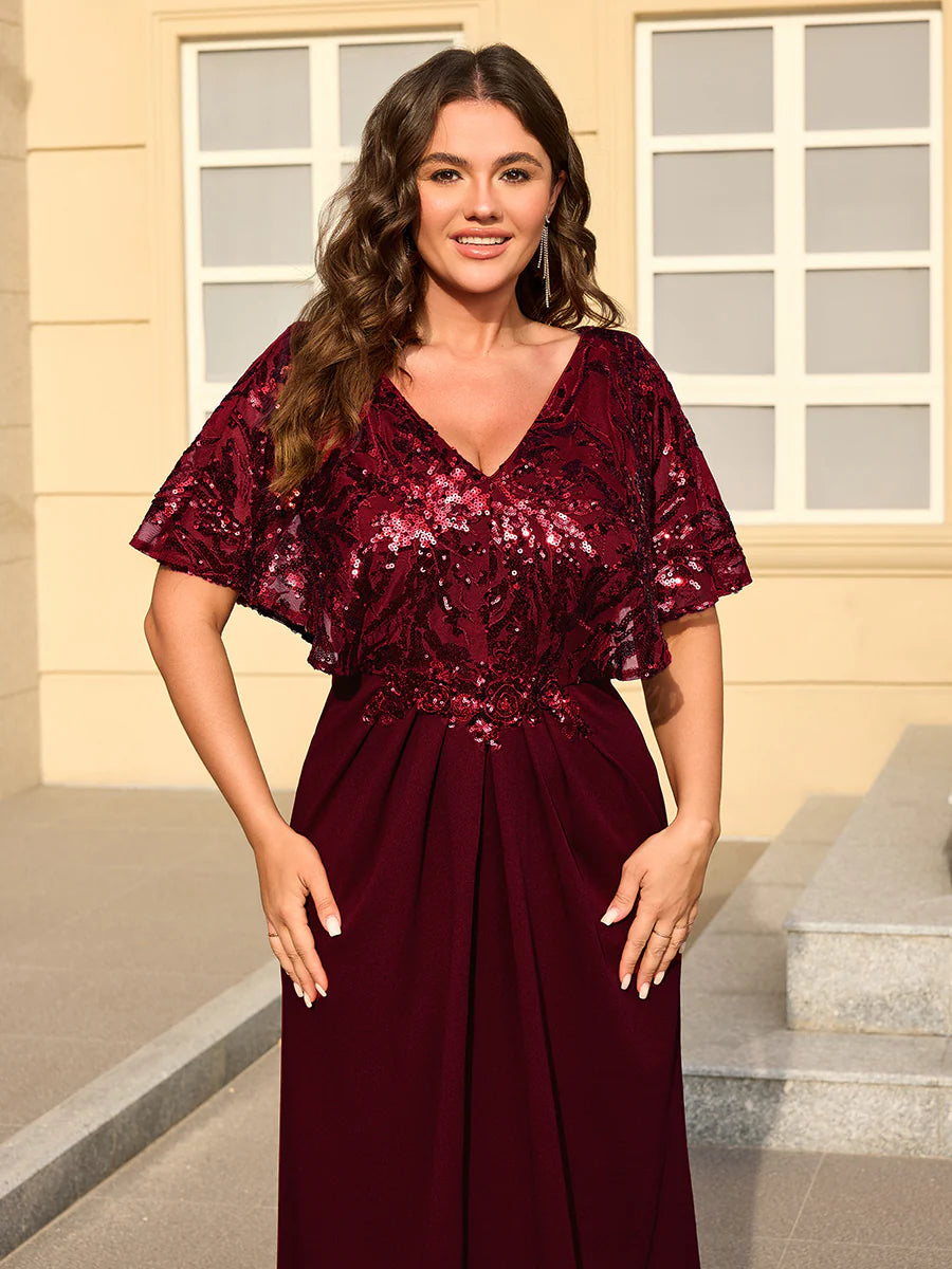 Bulk Order Short Sleeve Sequin Fishtail V-Neck Floor Length Evening Dresses