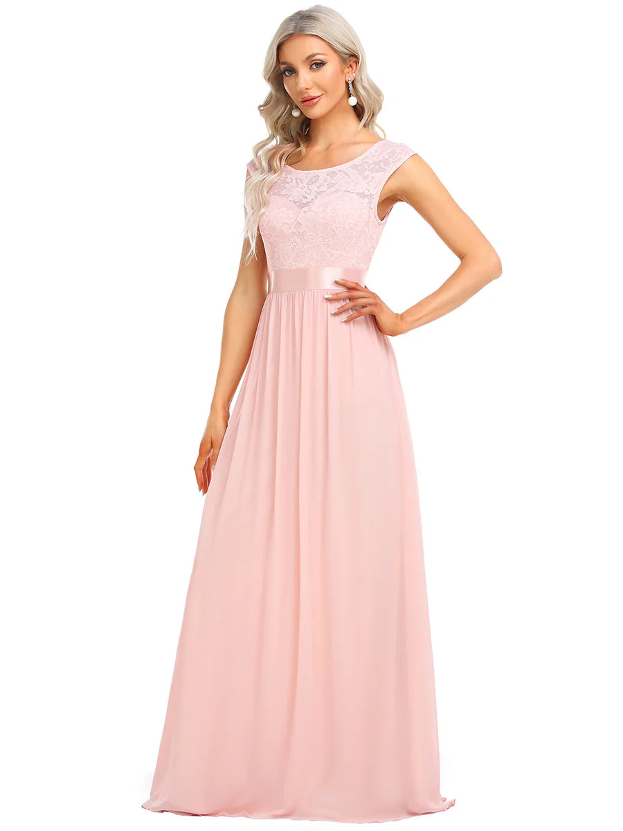 Wholesale V Back Belted Lace & Chiffon Bridesmaid Dresses