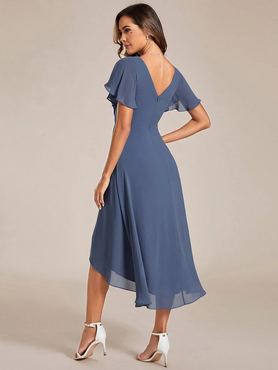 Chic V Neck High-Low Short Sleeve Wedding Guest Dress