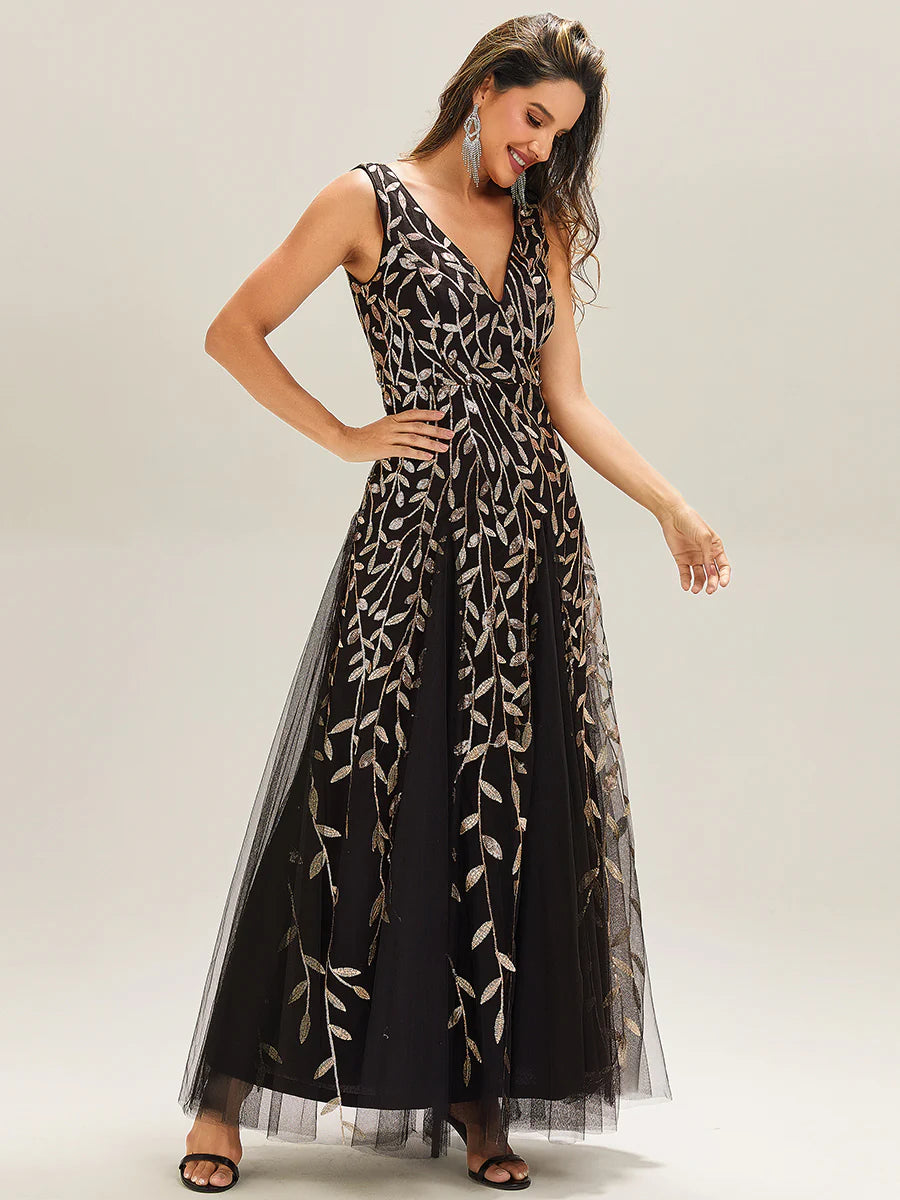 Shiny V-Neck Sequin Sleeveless Evening Dress with Tulle