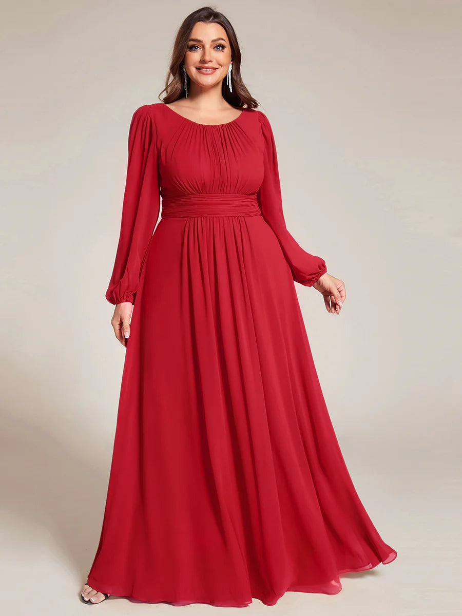 Plus Size Round Neck Wholesale Bridesmaid Dresses with Long Lantern Sleeves