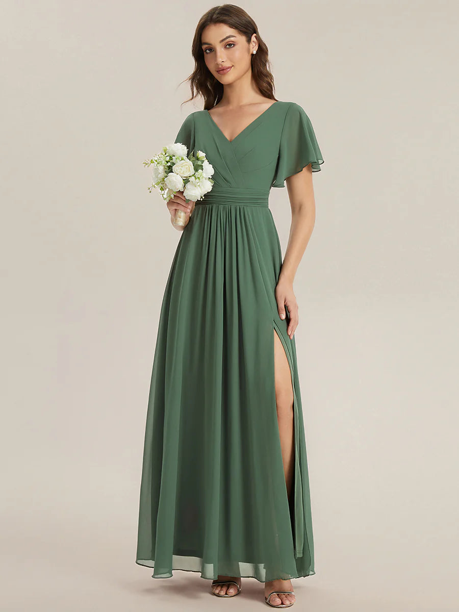 B2B-Exclusive Short Sleeve V-Neck A-Line Floor Length Dress with Thigh-High Slit, Bridesmaid Dresses
