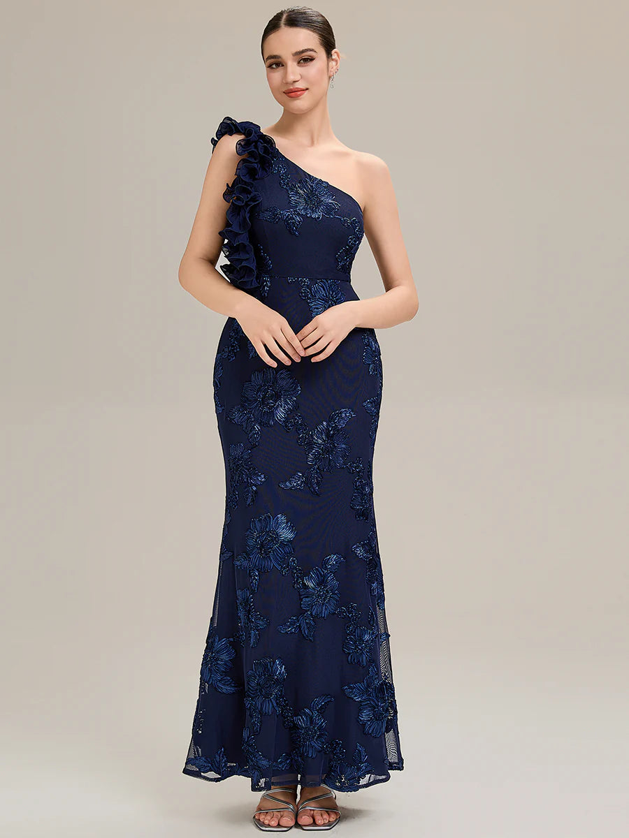 Custom Made One Shoulder Sleeveless Floral Jacquard Fishtail Evening Dresses