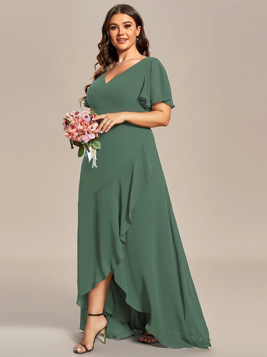Plus V Neck High Low Ruffles Chiffon Wholesale Bridesmaid Dresses