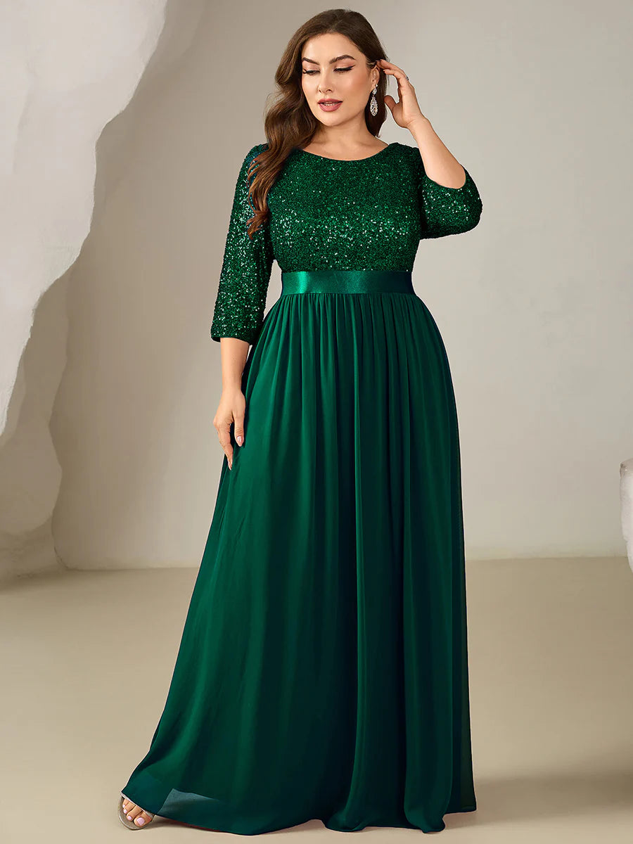 Plus Size 3/4 Sleeve Sequin Patchwork A-Line Floor Length Evening Dresses