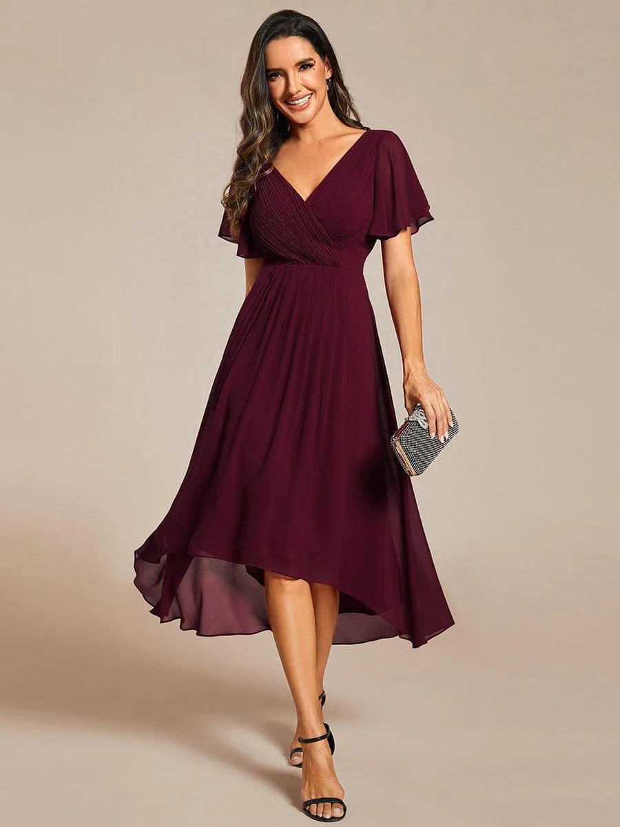 Chic V Neck High-Low Short Sleeve Wedding Guest Dress