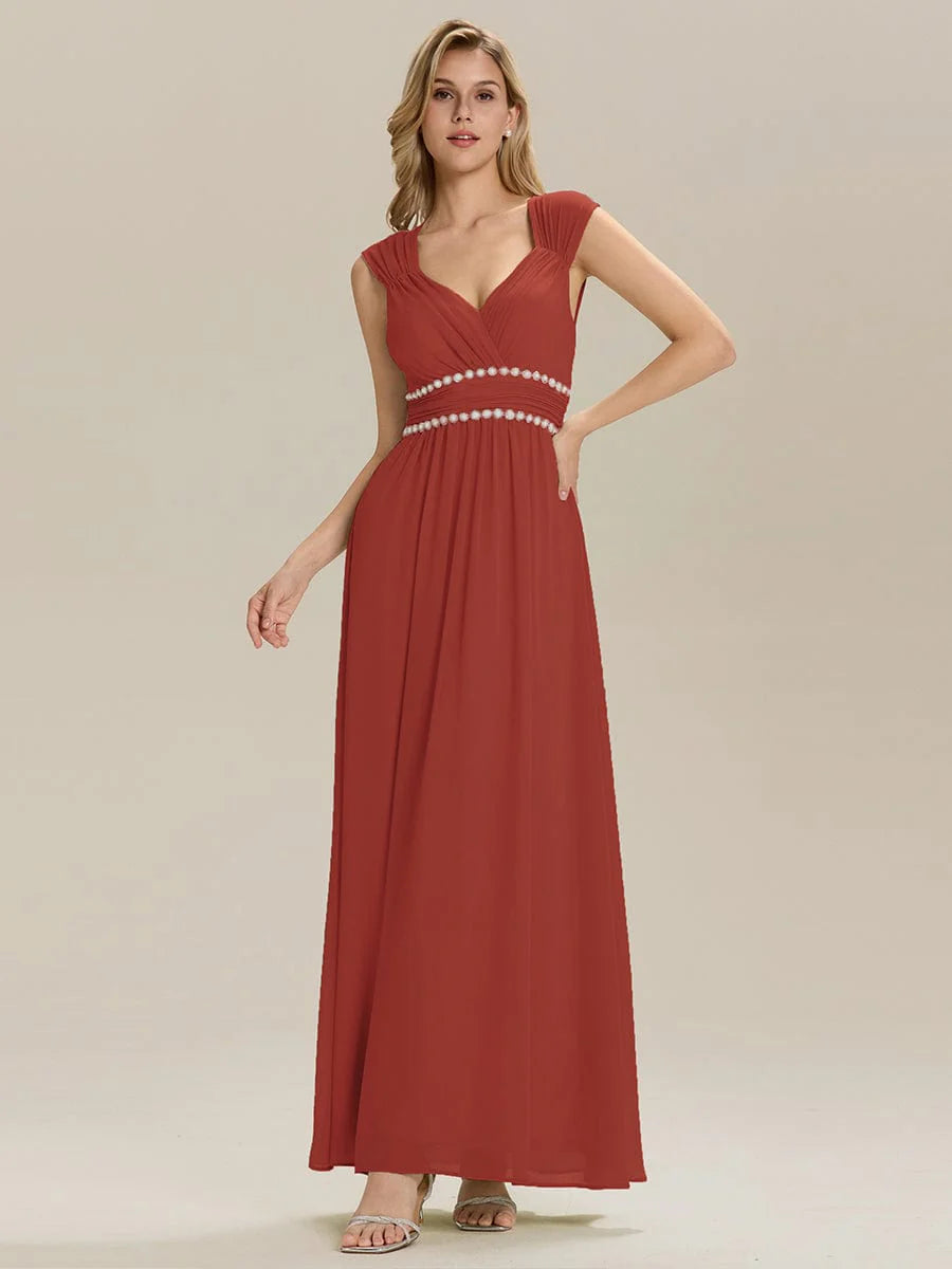Custom Made Sleeveless Pleated Deep V-Neck A-Line Floor Length Dress; Bridesmaid Dresses