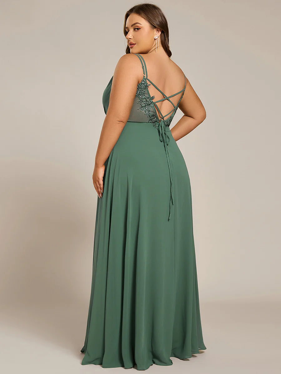 Plus Size Sleeveless V-Neck Appliques A-Line Floor Length Bridesmaid Dresses