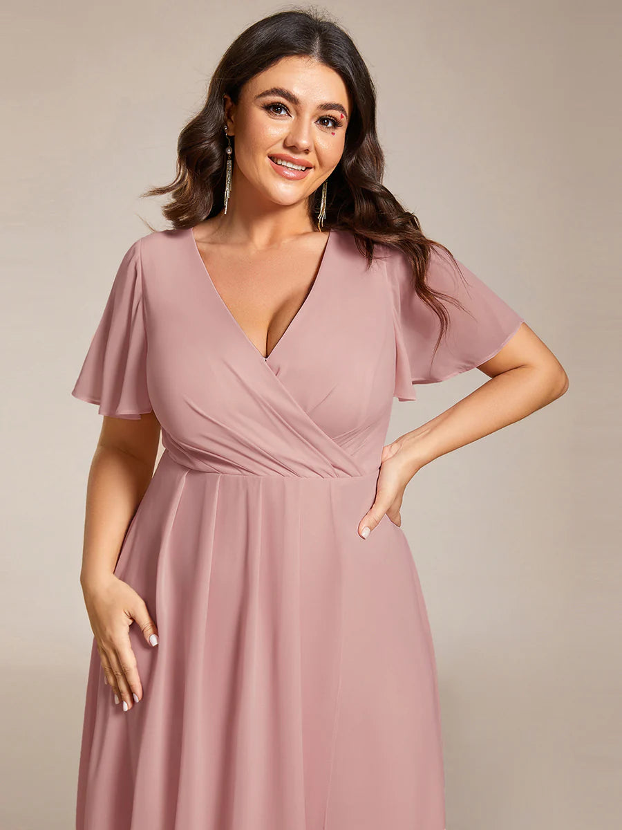 Plus V-Neck Midi Chiffon Wedding Guest Dresses with Ruffles Sleeve