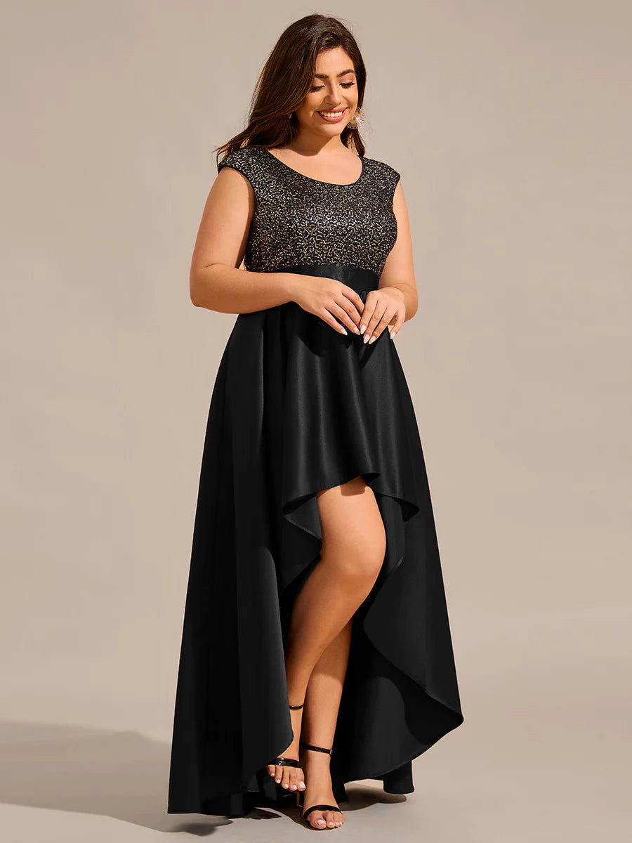 Plus Size Elegant Round Neck Asymmetrical Hem Sequin Contrast Satin Dresses with Raglan Sleeves