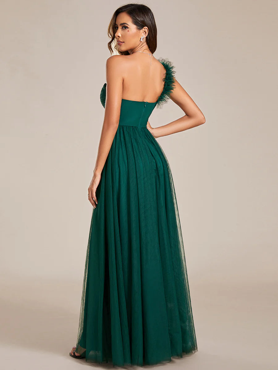 Pleated Backless One Shoulder Split Tulle Wholesale Bridesmaid Dresses