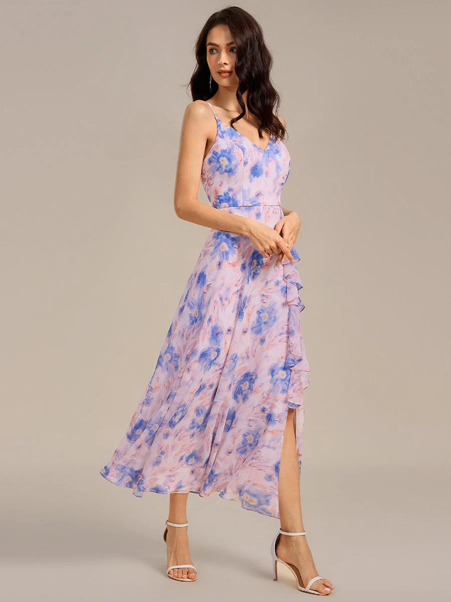 Sleeveless Deep V-Neck Floral A-Line Maxi Dress with Slit; Bridesmaid dresses