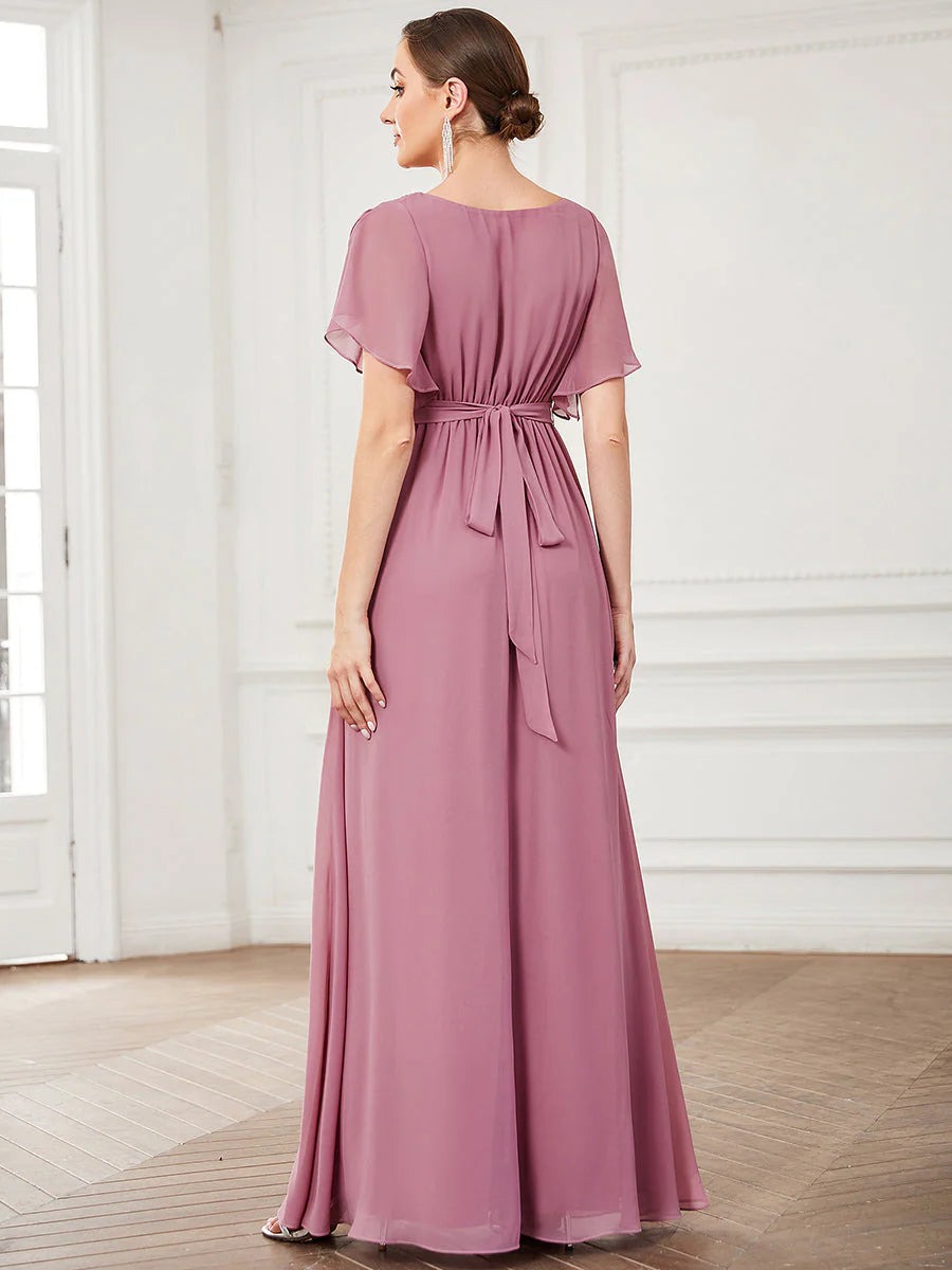 A Line Wholesale Evening Dresses with Deep V Neck Ruffles Sleeves