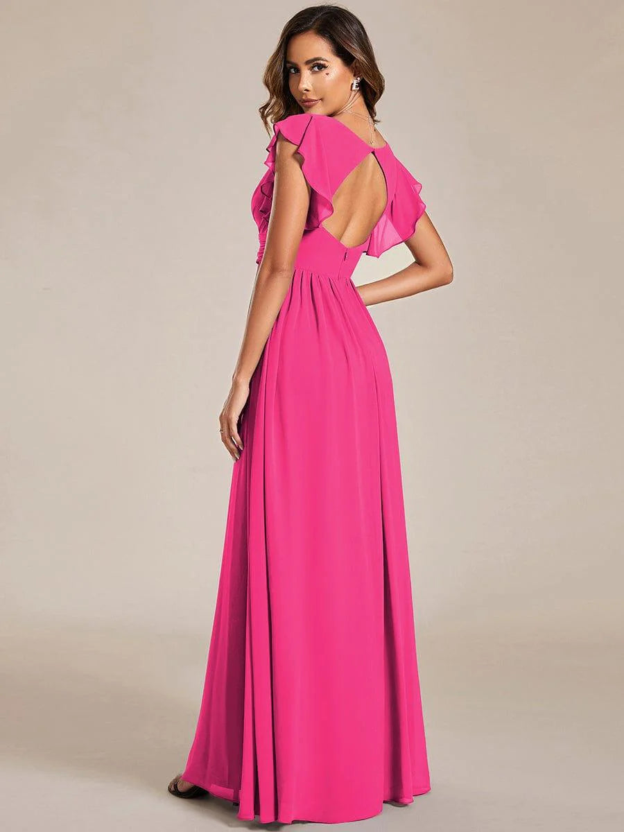 Ever LILYANA|Elegant V-Neck Open Back Ruffled Sleeves Chiffon Bridesmaid Dress
