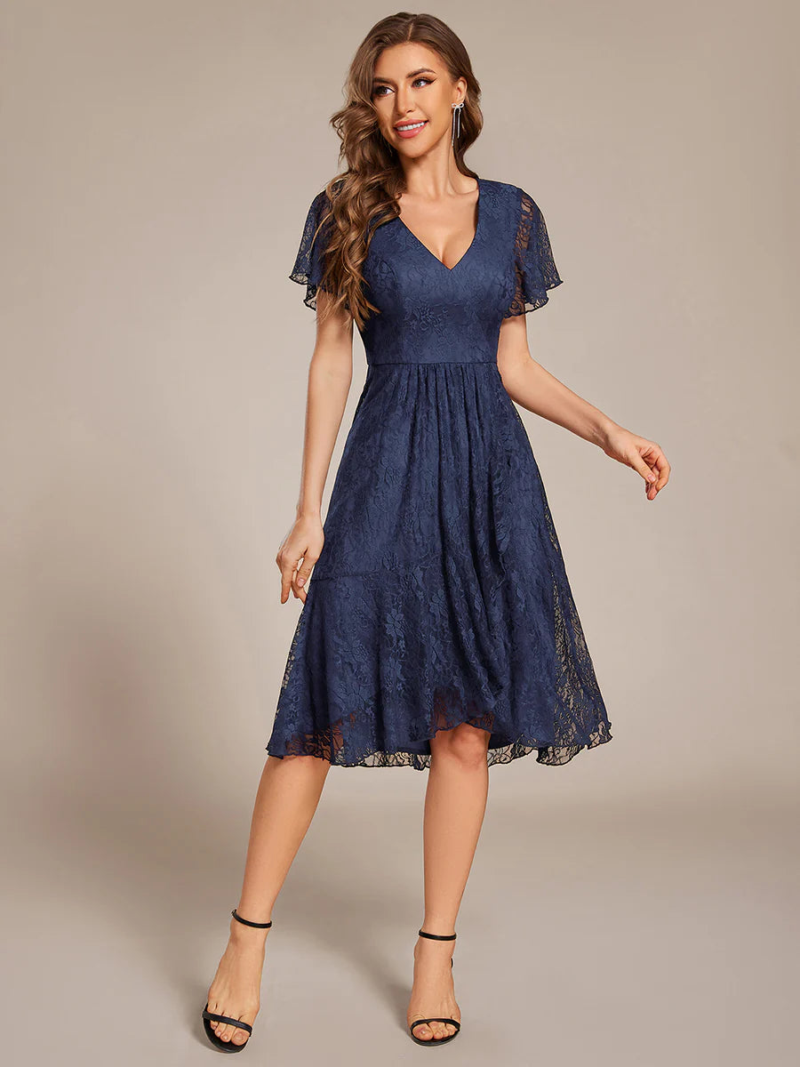 Short Sleeve Ruffled V-Neck A-Line Midi Wedding Guest Dress