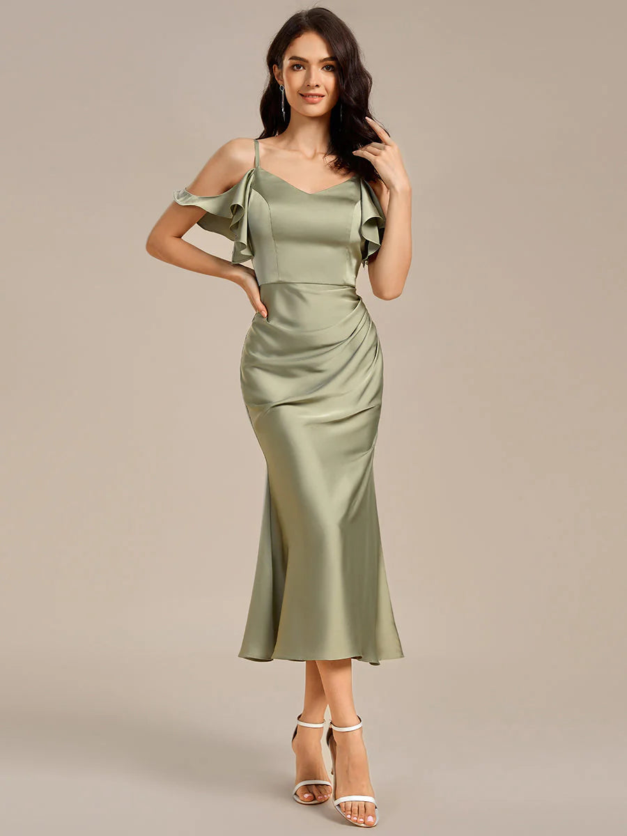 Bulk Custom Made Sleeveless Deep V-Neck Mermaid Midi Dress with Flowing Ribbon Bridesmaid dresses
