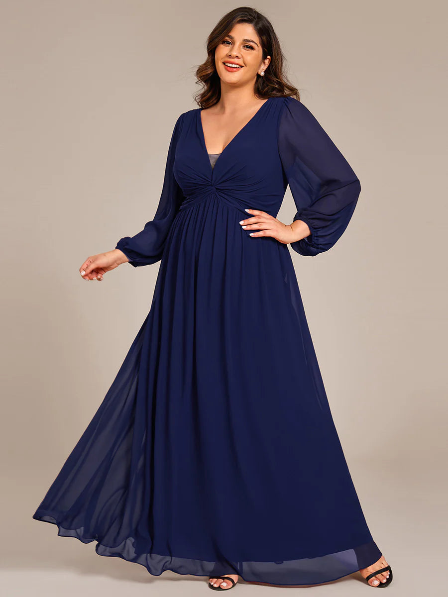 Plus Size Graceful See-Through V Neck Padded Enough Pleated Decoration Chiffon Evening Dresses
