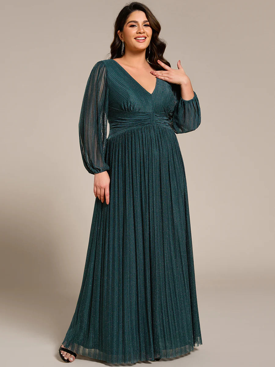 Plus Size Maxi Long Chiffon Waist  V Neck Wholesale Evening Dress with Long Sleeves