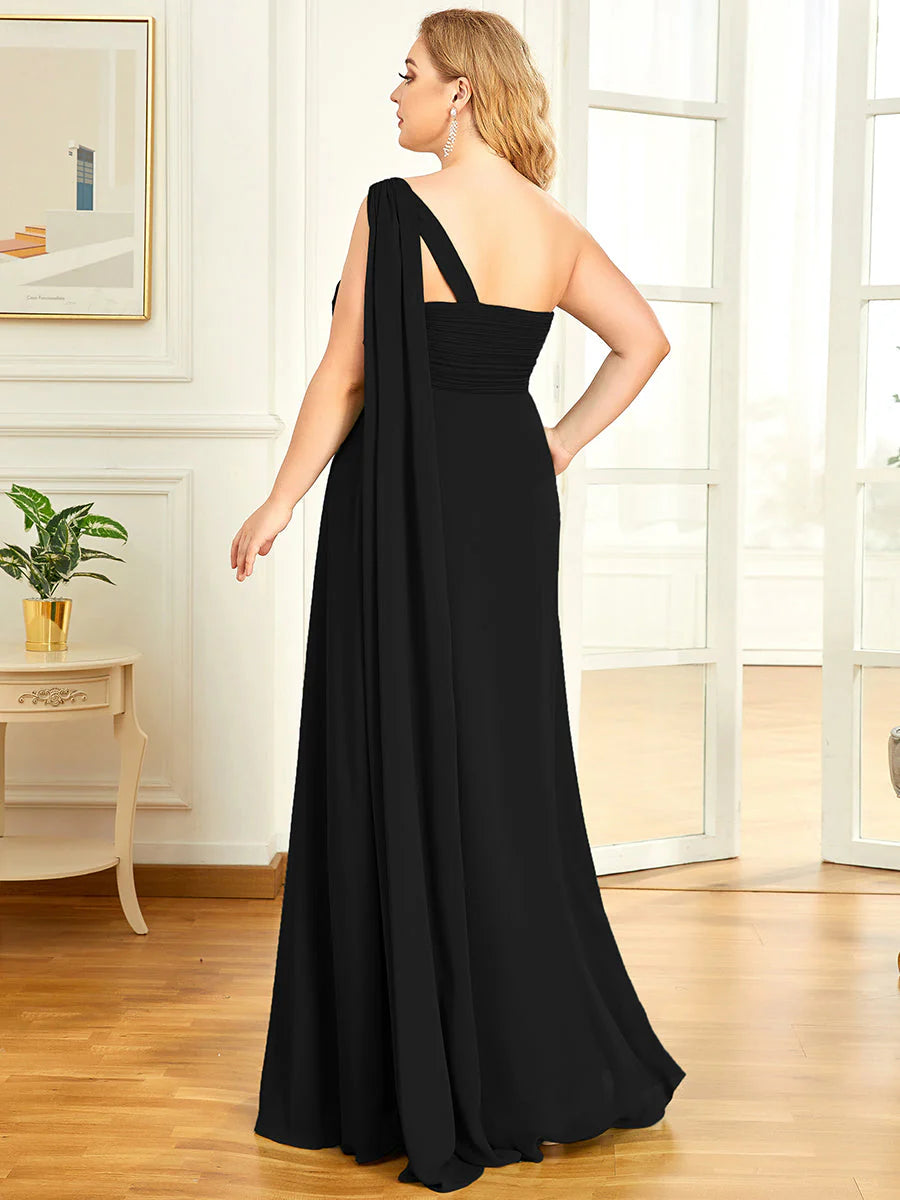 One Shoulder Chiffon Ruffles Plus Size Long Evening Dresses