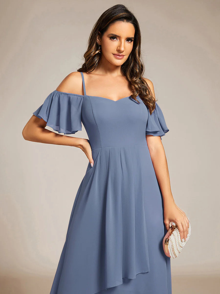 Chiffon Spaghetti Strap Cold Shoulder Tea Length Wedding Guest Dress