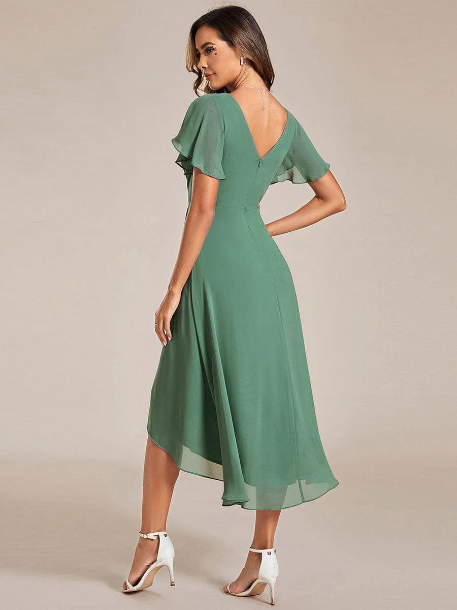 Chic V Neck High-Low Short Sleeve Wedding Guest Dress