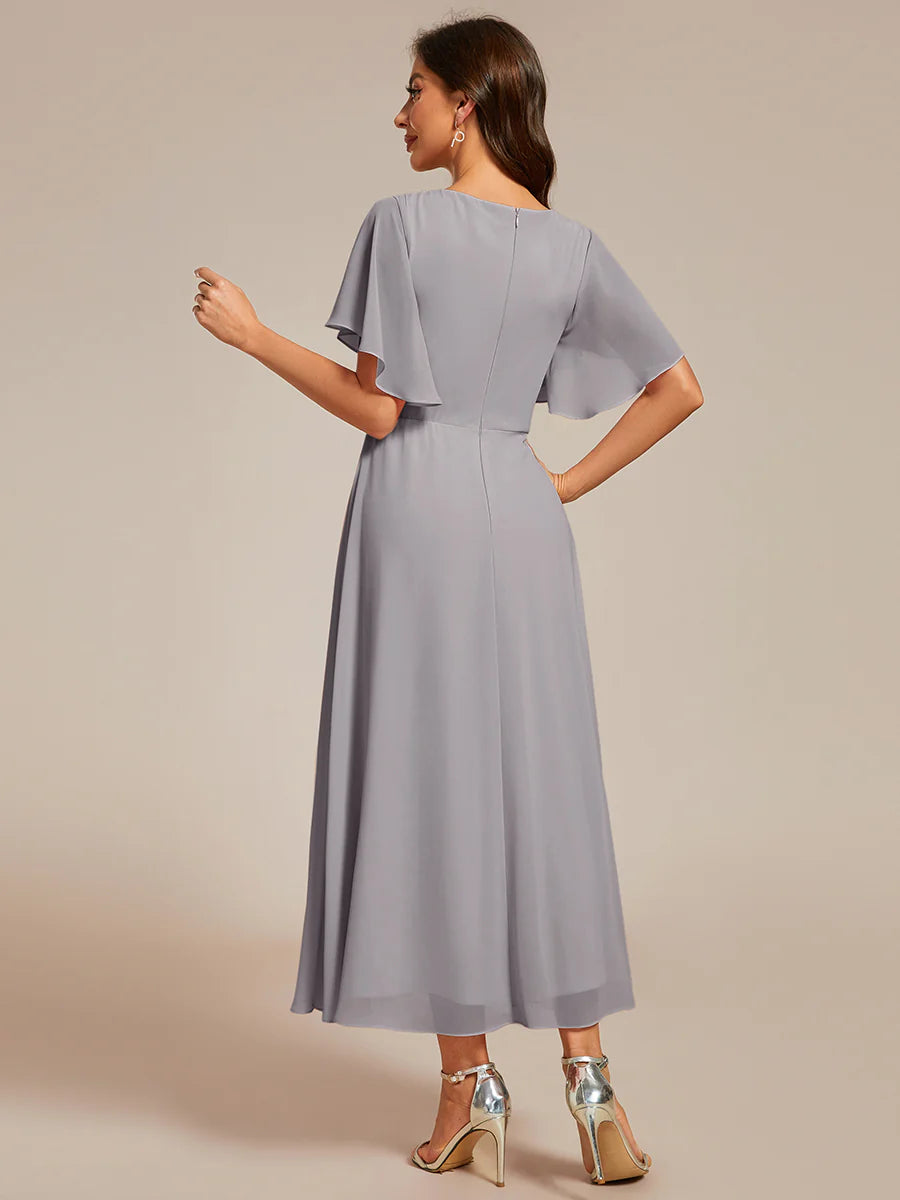 Applique V Neck Tea Length Wedding Guest Dress With Short Sleeves