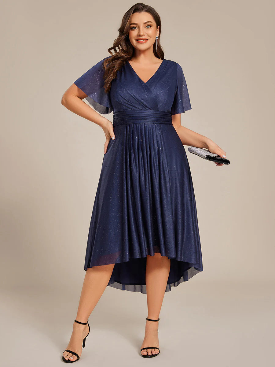 Plus Size Short Sleeve Ruffled Pleated V-Neck A-Line Midi Wedding Guest Dresses