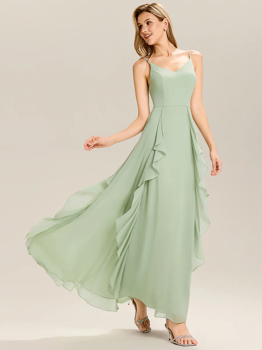 Sleeveless Deep V-Neck Non-Stretch A-Line Floor Length Bridesmaid Dresses