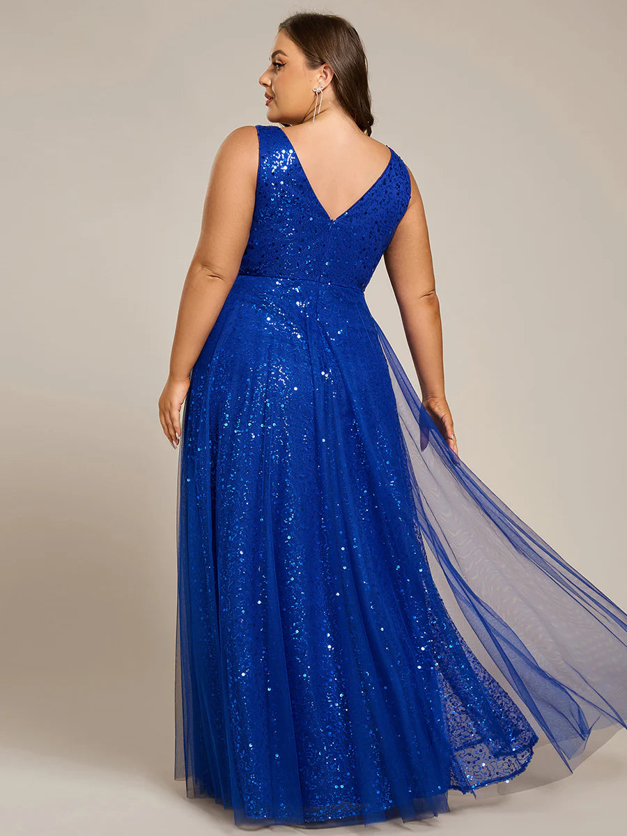 Elegant Plus Size V-Neck Backless Sequin Evening Dress with Sleeveless