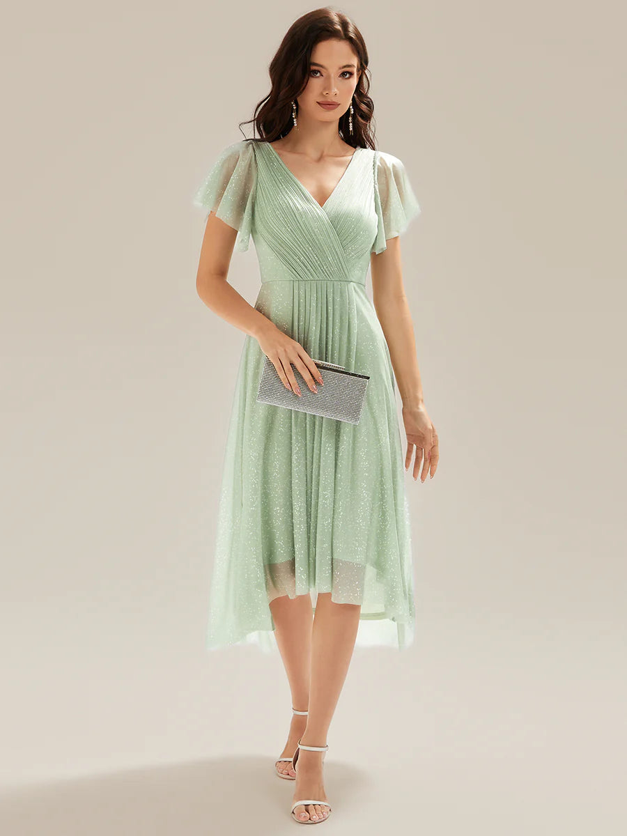 Short Sleeve Ruffle V-Neck Pleated Glitter A-Line High-Low Wedding Guest Dresses