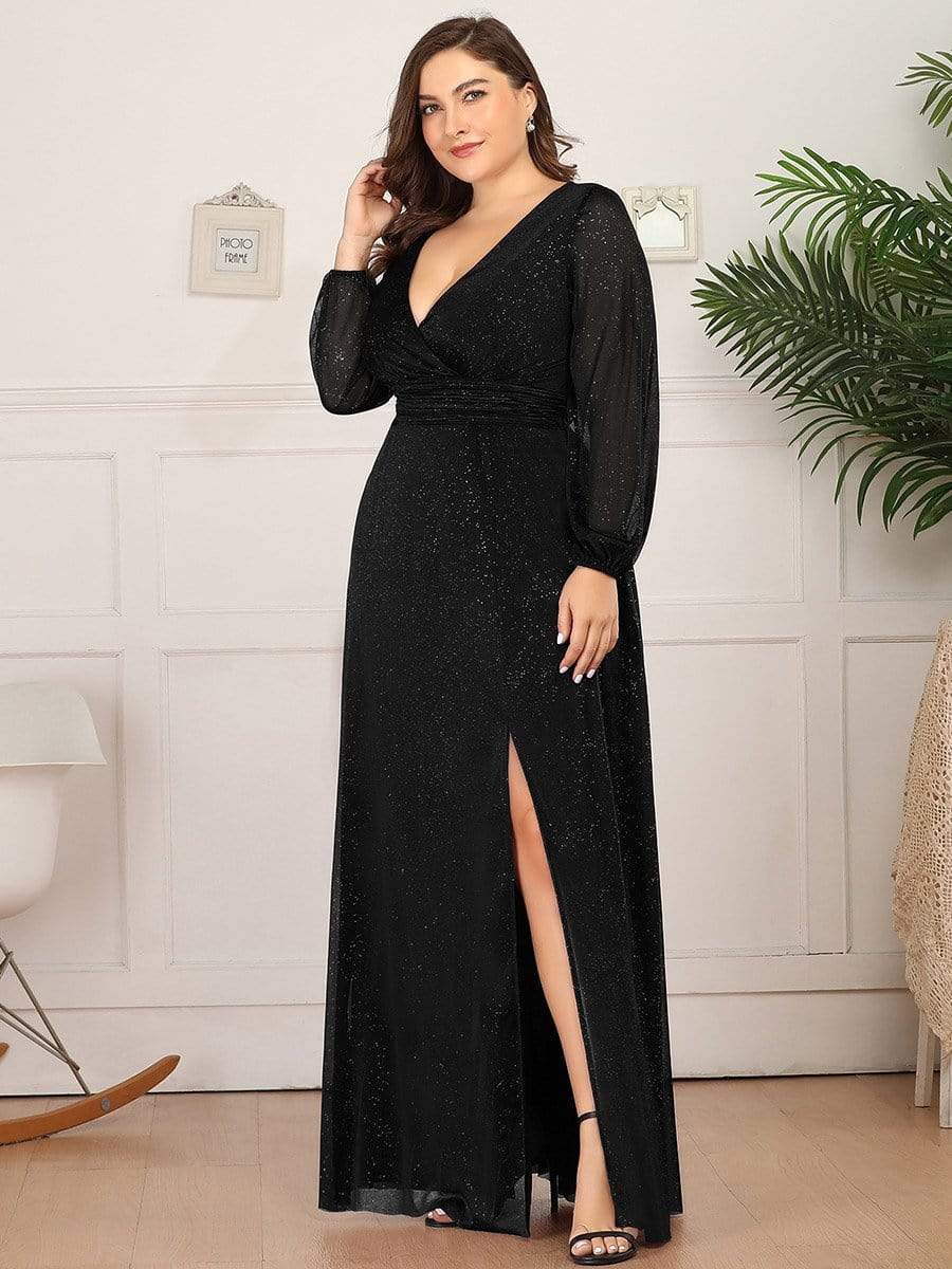 Sexy V-Neck Shiny Wholesale Evening Dresses With Long Sleeve