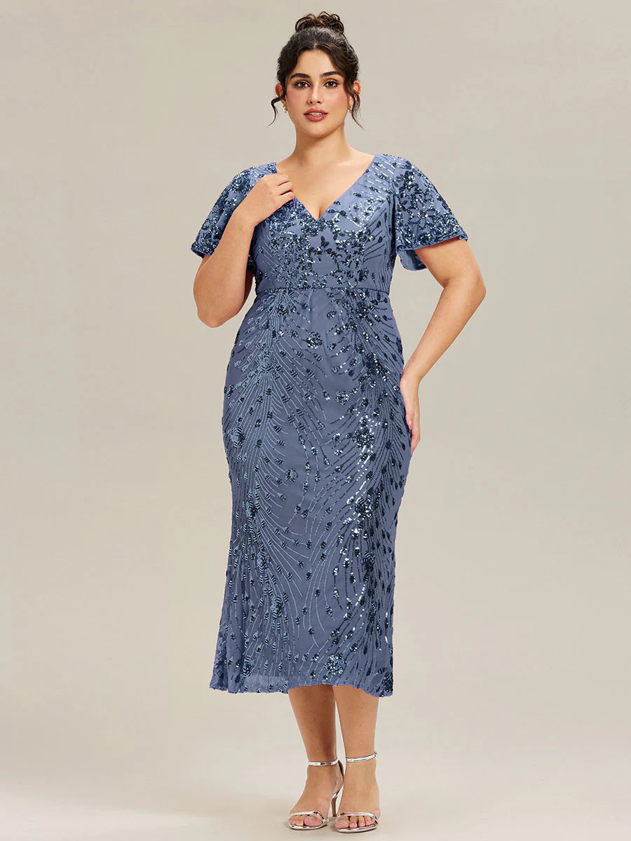 Plus Size Strapless Deep V-Neck Fishtail Paillette Midi Evening Dresses