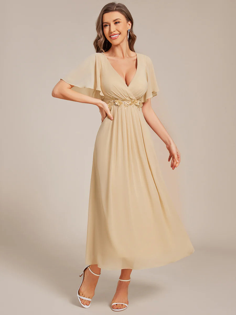 Applique V Neck Tea Length Wedding Guest Dress With Short Sleeves