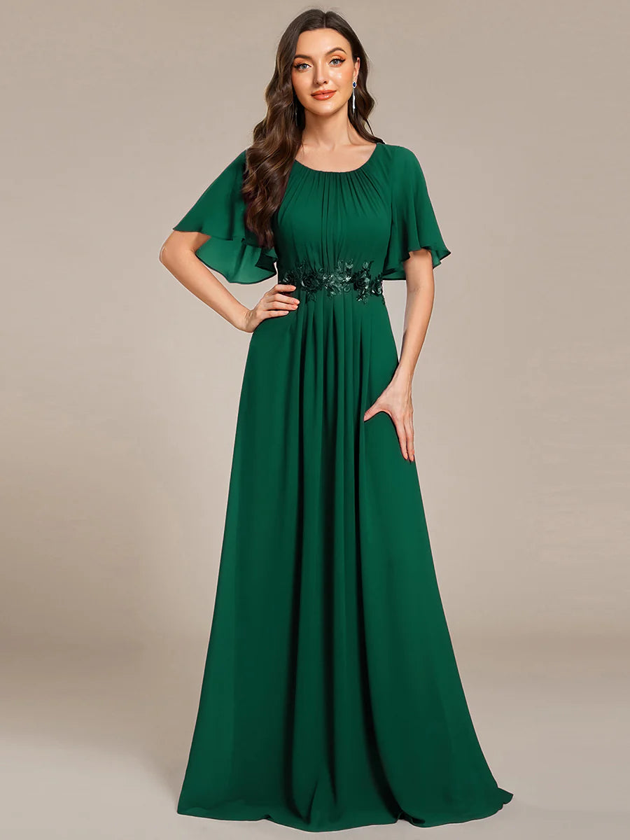 Short Sleeves Pleated Applique A-Line Floor-Length Formal Evening Dress