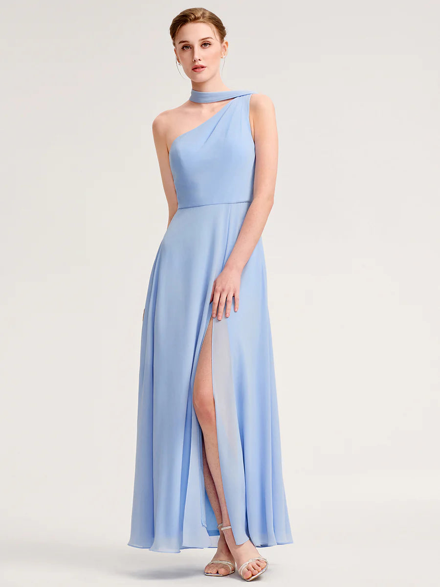 Sleeveless A-Line Floor Length Asymmetrical Dress with Thigh-High Slit