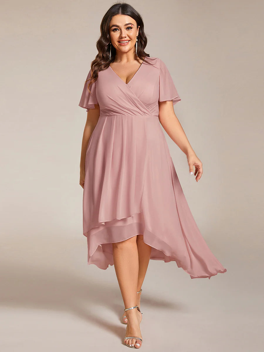 Plus V-Neck Midi Chiffon Wedding Guest Dresses with Ruffles Sleeve