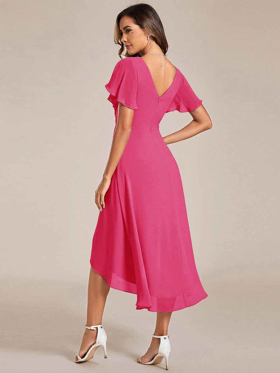Chic V Neck High-Low Short Sleeve Wedding Guest Dress
