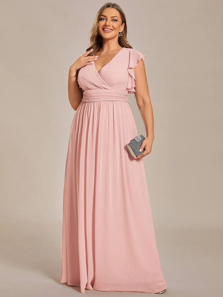 Plus V Neck Pleated Belted Ruffles Wholesale Bridesmaid Dresses