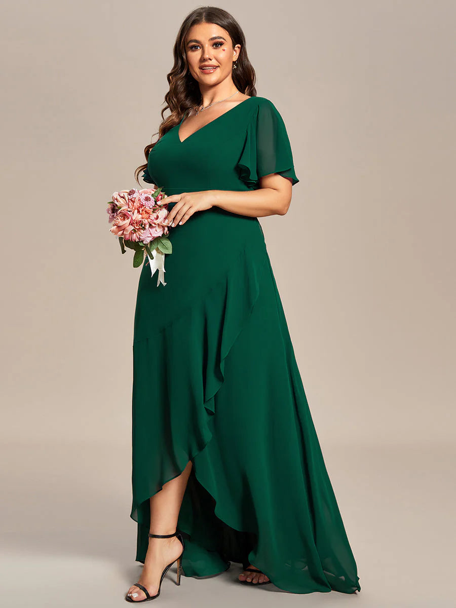Plus V Neck High Low Ruffles Chiffon Wholesale Bridesmaid Dresses
