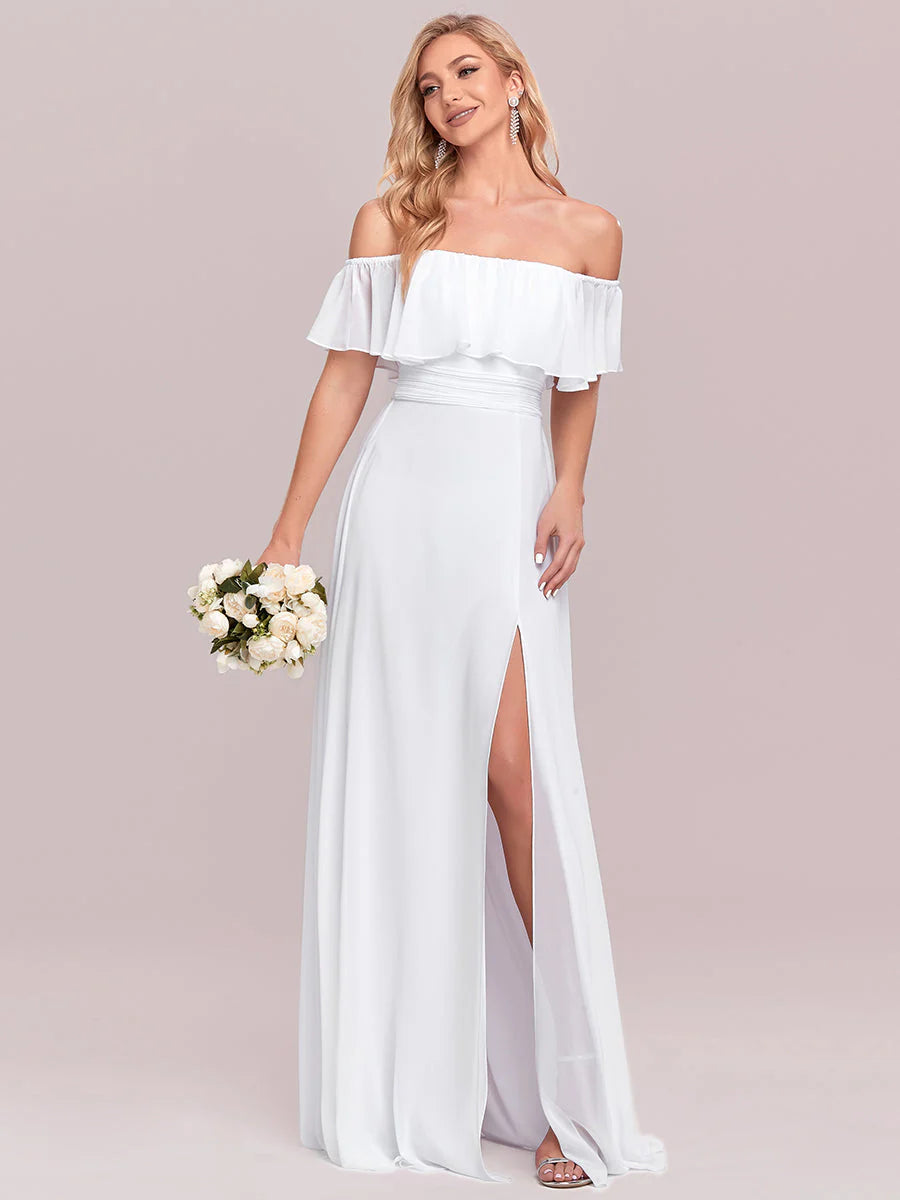 Women's Off Shoulder Ruffle Thigh Split Wholesale Bridesmaid Dresses