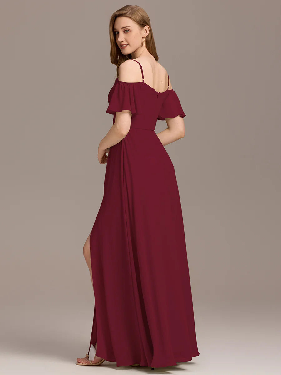 Short Sleeve Off Shoulder Pleated A-Line Split Floor-Length Bridesmaid Dresses