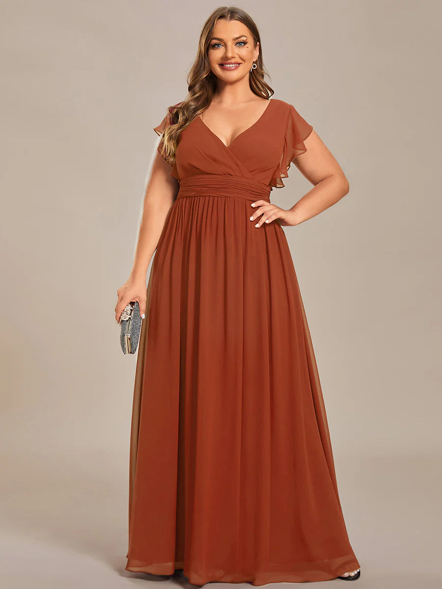 Plus V Neck Pleated Belted Ruffles Wholesale Bridesmaid Dresses