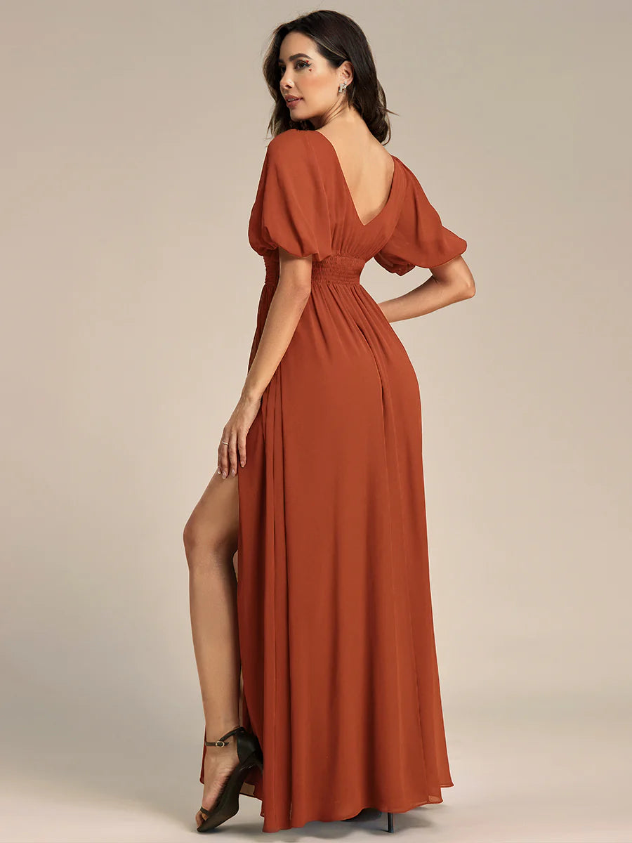 Deep V Neck A Line Half Puff Sleeves Wholesale Bridesmaid Dresses