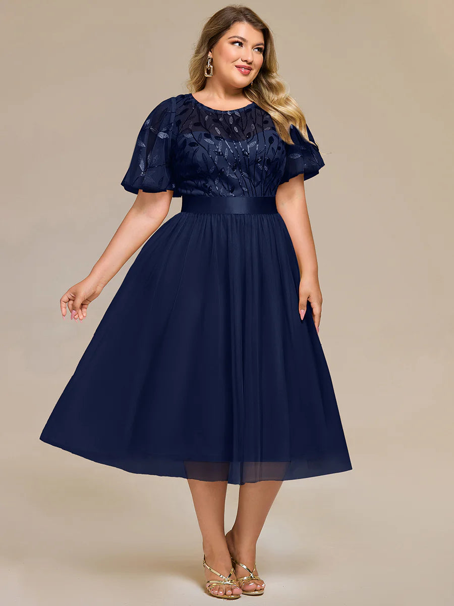 Bulk Order | Plus Size Fit A-Line Deep V-Neck Evening Gown | Ruffled Short Sleeve Midi Dress