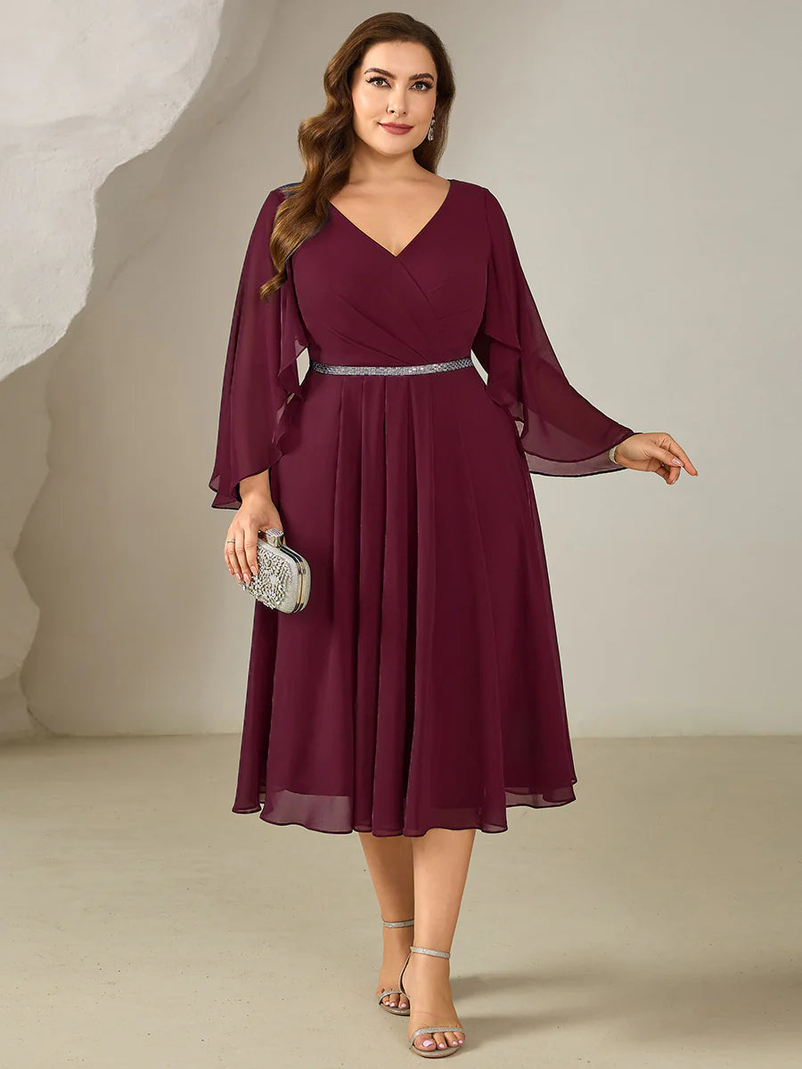 Plus Size 3/4 Sleeve Ruffle Deep V-Neck A-Line Midi Wedding Guest Dresses