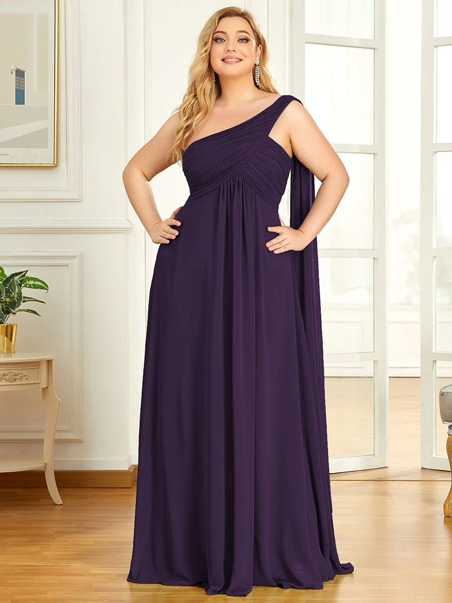 One Shoulder Chiffon Ruffles Plus Size Long Evening Dresses