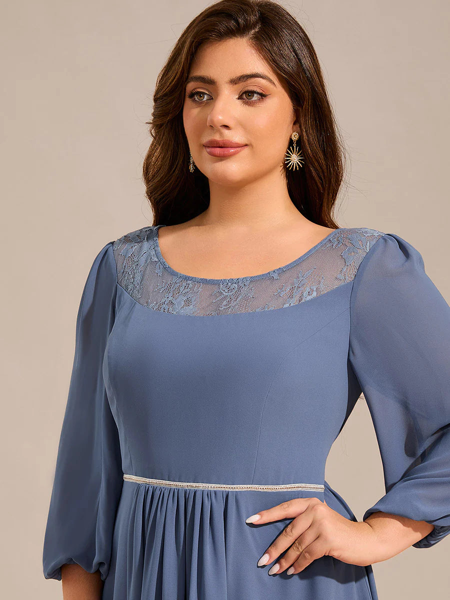 Plus Size Elegant Round Neck Smocking Midi Length Chiffon Wedding Guest Dresses with Asymmetrical Hem