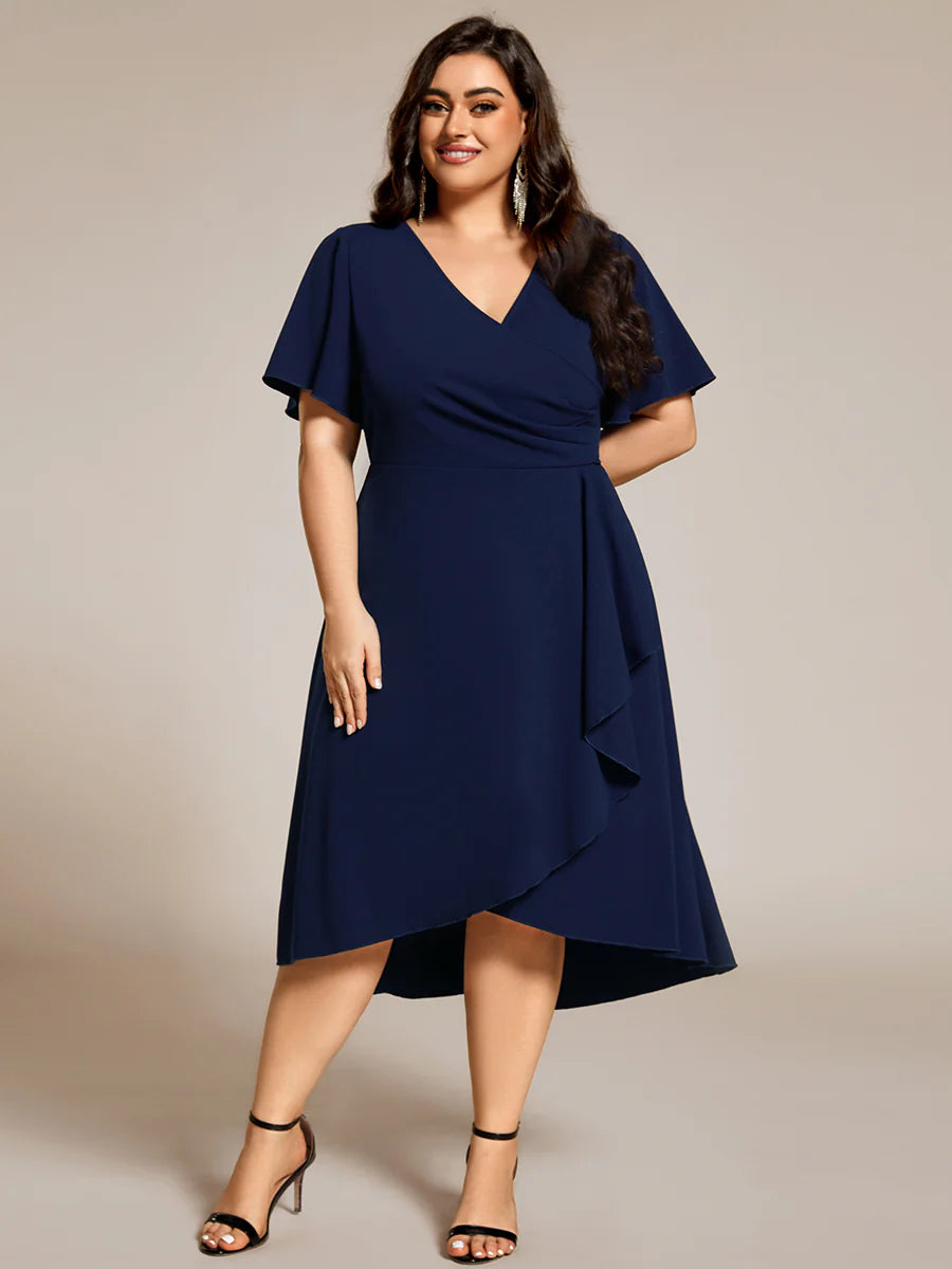 Plus Size Elegant Midi Length ruffles sleeve Twisted Wedding Guest Dresses with Regular Fold Stream