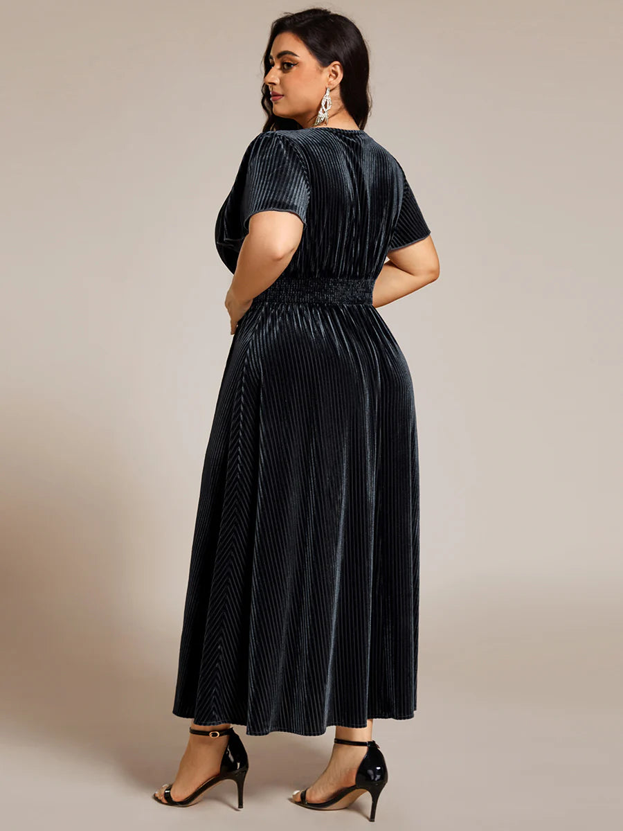 Plus-Size-V-Neck Tea Length Velvet Wedding Guest Dresses