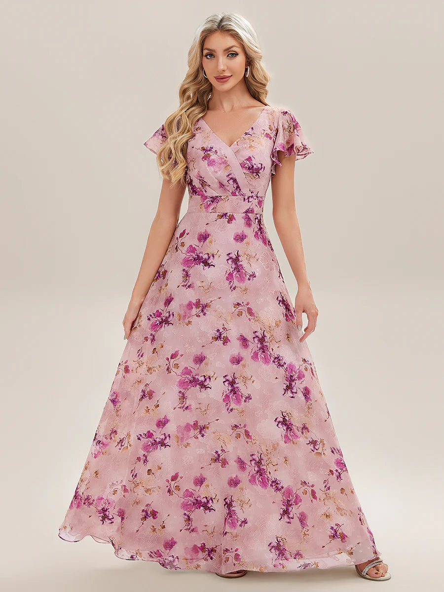 Commercial Wholesale Short Sleeve V-Neck Floral Ruffle A-Line Floor Length Bridesmaid Dresses